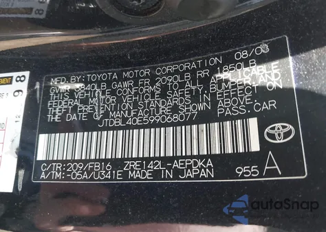 2009 Toyota Corolla Le from USA, damaged, VIN JTDBL40E599068077